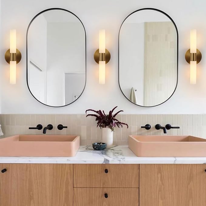 KUZZULL Wall Sconces Set of Two, Brass Gold Bathroom Sconces Wall Lighting with White Glass, Modern Sconces Wall Decor Set of 2 Wall Light fixtures for Bathroom Mirror Living Room Hallway Wall Lamp