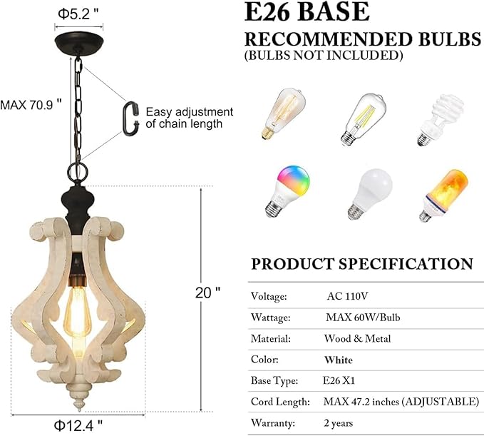 12.4" French Country Wood Pendant Light Mini Modern Vintage Farmhouse Distressed Wooden Pendant Light Modern Rustic Pendant Light for Kitchen Island, Dining Room, Bedroom, Hallway, Entryway