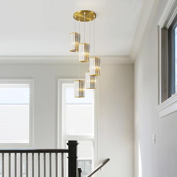 Modern Pendant Light Gold Rectangle Pendant Lighting Mini Crystal Chandeliers Adjustable Pendant Light Fixture for Kitchen Island Dinning Room Living Room Corridor Bedroom(Gold 5-Light)