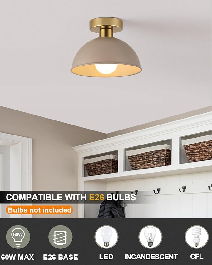 Industrial Semi Flush Mount Ceiling Light with Gold Plate and Brown Shade, Farmhouse Ceiling Light Fixture for Kitchen Island Dining Room Foyer Hallway Porch Barn Loft，10in