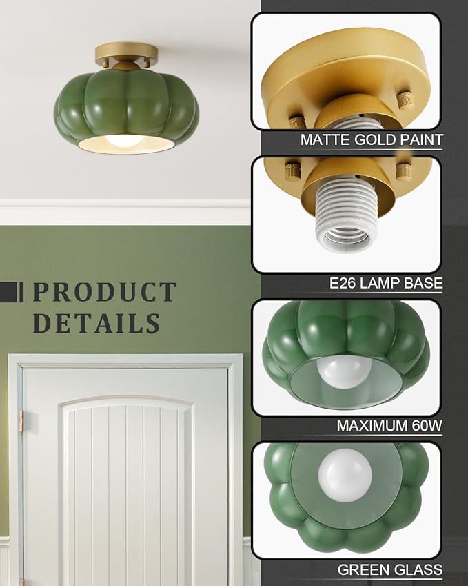 Vintage Semi Flush Mount Ceiling Light,Mid Century Modern Ceiling Light Fixtures,10 Inch Green Glass Shade with a Gold Base,for Bedroom, Kitchen, Hallway, Entryway, and Balconie