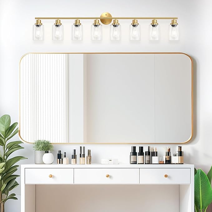 8-Light Brushed Gold Vanity Lights for Bathroom, Lighting Fixtures Over Mirror with Clear Glass Shade, Modern Kitchen Light Fixtures Wall Lamps Sconce Light - E26 Base