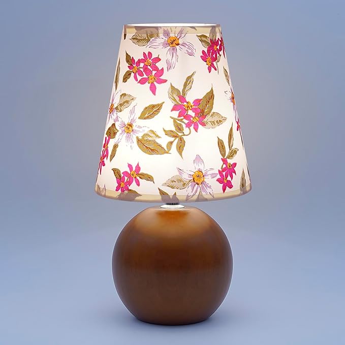 Vintage Wooden Base Fabric Table Lamp, Adjustable Light Color and Brightness with Power-Off Memory, Safe USB Powered, Retro Style LED Light for Bedroom Living Room Office (Red Flowers)