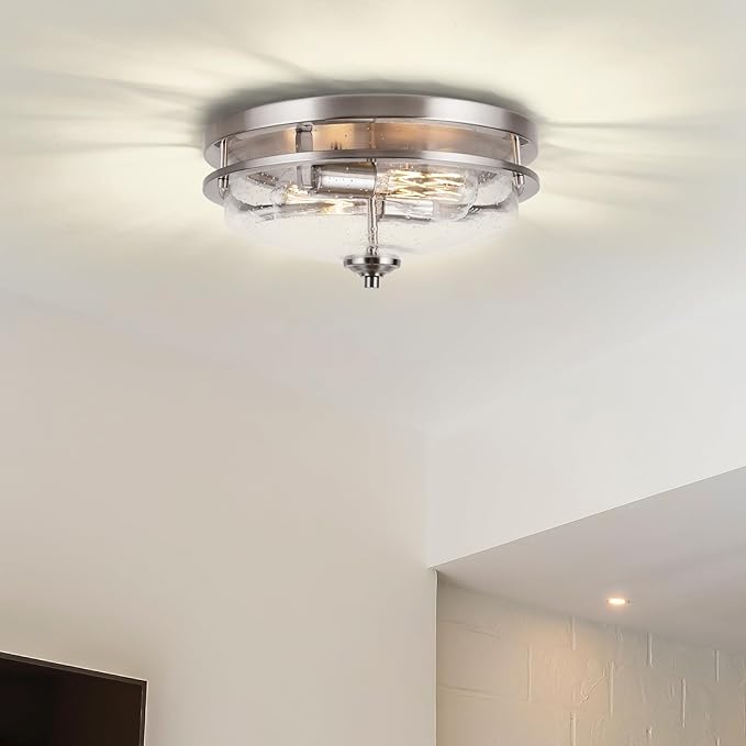Edwarmlux Flush Mount Ceiling Lights, 2-Light Farmhouse Close to Ceiling Light, Industrial Ceiling Lighting Fixture for Kitchen Hallway Bedroom Living Room Stairways Porch (Brushed Nickel)