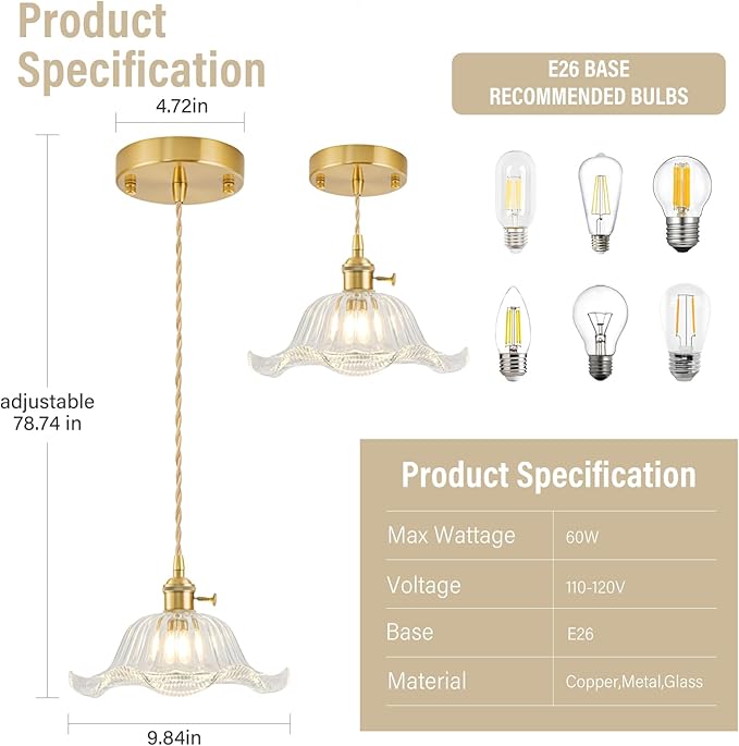 Vintage Pendant Lights Kitchen Island, Adjustable Brass Pendant Light Fixtures with Transparent Lily Glass Lampshade, Gold Kitchen Pendant Lighting Over Island, Pendant Light for Dining Room Hallway