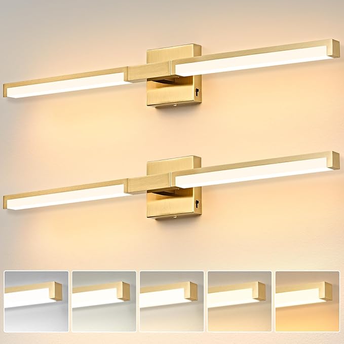 OKELI 32 Inch Bathroom Vanity Light Fixtures, Gold Modern Light Fixtures Over Mirror, 16W 5CCT Dimmable Wall Light- 2Pack