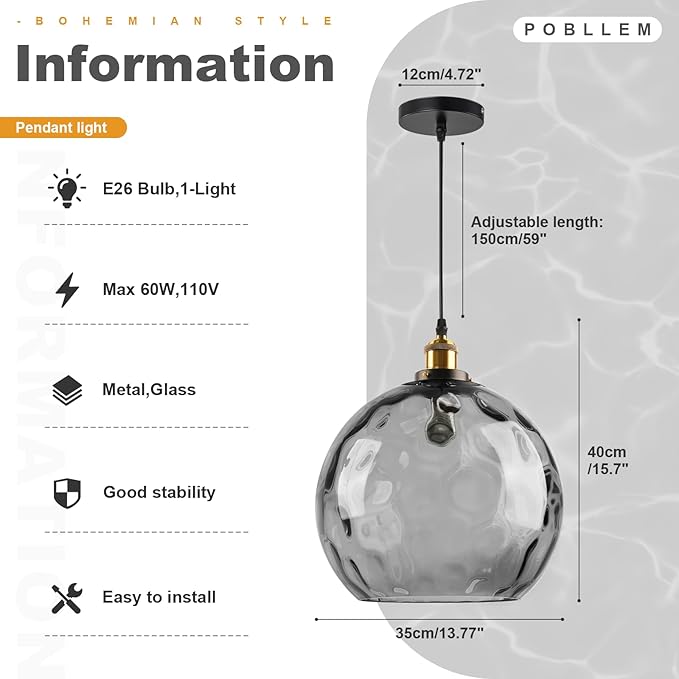 13.8" Large Grey Glass Pendant Lights Kitchen Island Hammered Glass Globe Pendant Lamp Mid Century Modern 1-Light Pendant Lighting Fixtures for Dining Room Living Room Bedroom