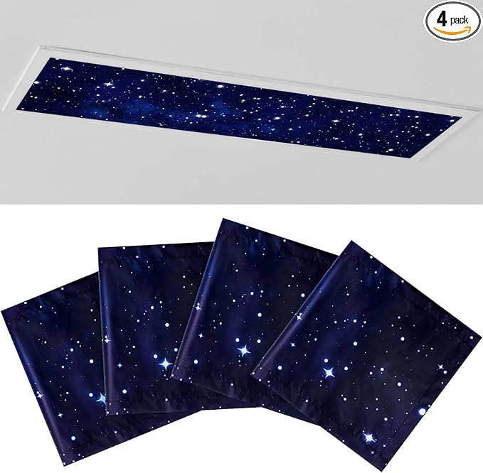 4 Pcs 1 x 4 Feet Fluorescent Covers for Ceiling Lights Magnetic Ceiling Light Cover with 8 Magnets for School Classroom Home Office Drop Lamp Decor (Starry)