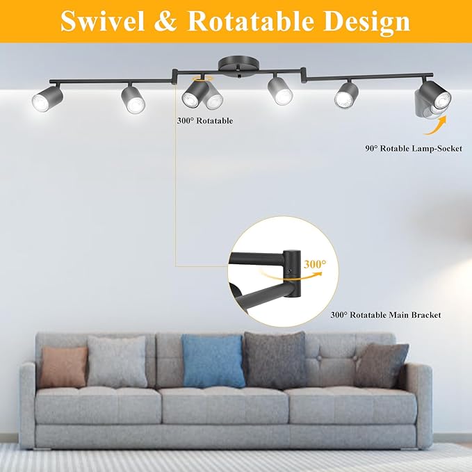 BoostArea LED 6 Light Track Lighting Kit, Black 6 Way Ceiling Spot Lighting, Flexibly Rotatable Light Head for Kitchen, Living Room, Bedroom, GU10 Bulb Not Included