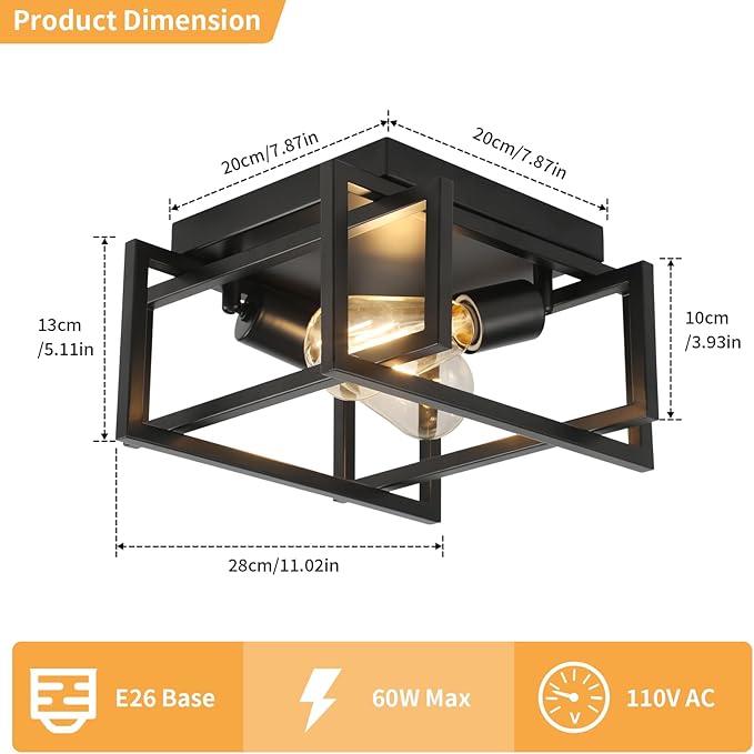 WILON Black Ceiling Light Fixture, Modern Square Semi Flush Chandelier Ceiling Lamp for Kitchen Dining Room Bedroom Laundry Room Living Room (2 Lights)