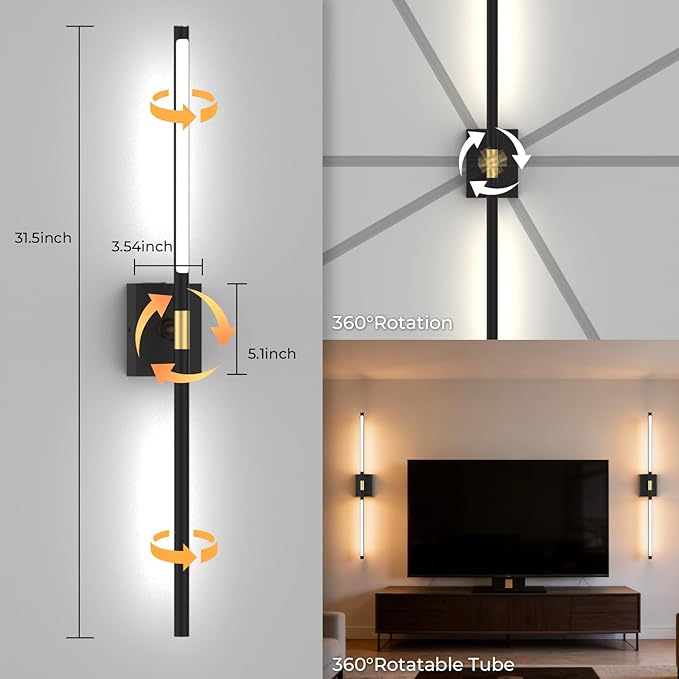 Battery Operated Wall Sconce Set of Two - 10000mAh Cordless Rechargeable Wall Sconces with Remote & Touch Control, 360°Rotate, 4CCT Dimmable Black Wall Lights for Bedroom Living Room, 31.5 inch