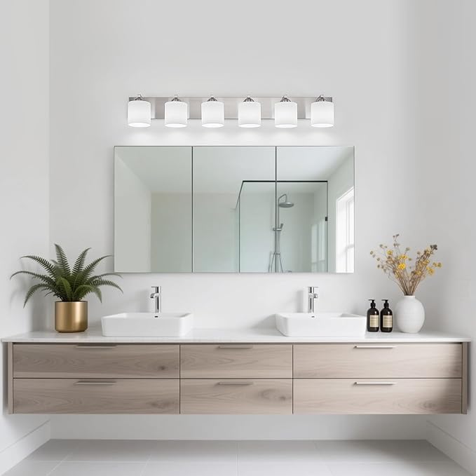 mirrea 44-Inch 6-Light Brushed Nickel Vanity Lights for Bathroom, Vanity Lighting Fixtures with Etched White Glass Shades