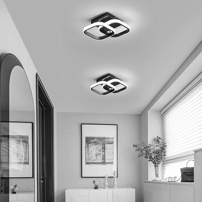 Small LED Hallway Ceiling Light, 2 Square Frames Modern Ceiling Light, 6500K Flush Mount Ceiling Light Fixtures for Hallway Living Room Bedroom Kitchen Closet, Black