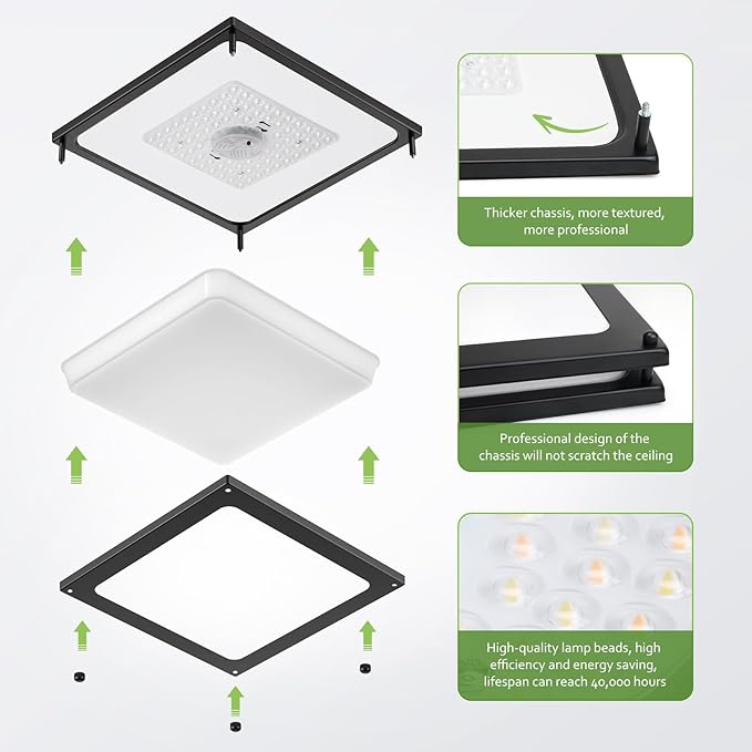 Square Ceiling Light Fixture - 36W 3000K/3500K/4000K/5000K/6000K Adjustable Flush Mount Led Light for Bathroom Bedroom Kitchen Hallway (8 Pack Black(5CCT), 12 Inch)