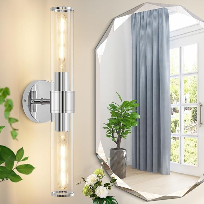Chrome Wall Sconce, Bathroom Light Fixtures in Clear Glass Indoor Wall Sconces, Modern Sconce Wall Lighting Up and Down Vanity Lights Fixtures for Bathroom,Living Room - Bulb Not Included