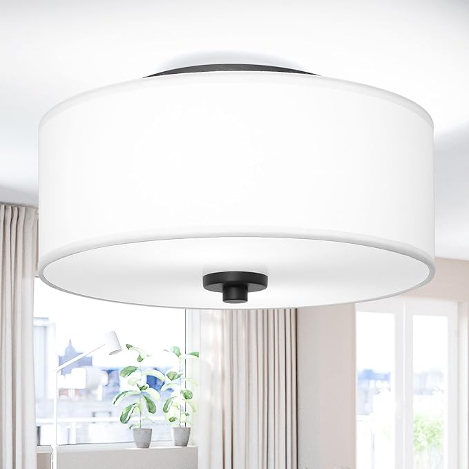 2-Light Flush Mount Ceiling Light Fixture, 12” Modern Close to Ceiling Light with White Fabric Drum Shade, Round Ceiling Light for Bedroom Hallway Living Room Bathroom Dining Kitchen