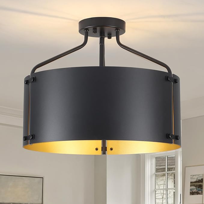 Semi Flush Mount Ceiling Light Fixture,Drum Black and Gold Chandelier Light Fixture,16''Bedroom Ceiling Lights,3-Light Kitchen Lighting Fixtures Ceiling for Farmhouse Hallway Porch Entryway