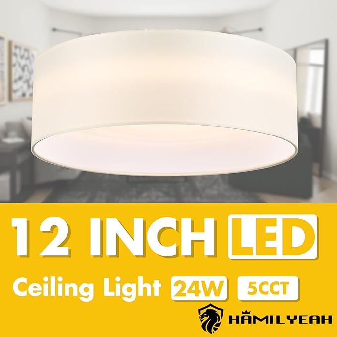 Hamilyeah LED Ceiling Light Flush Mount 24W, White Fabric Flush Mount 12 inch, Traditional Modern Light Fixture Ceiling Mount 5CCT, Simple Ceiling Lighting Fixture, Bedroom, Living Room