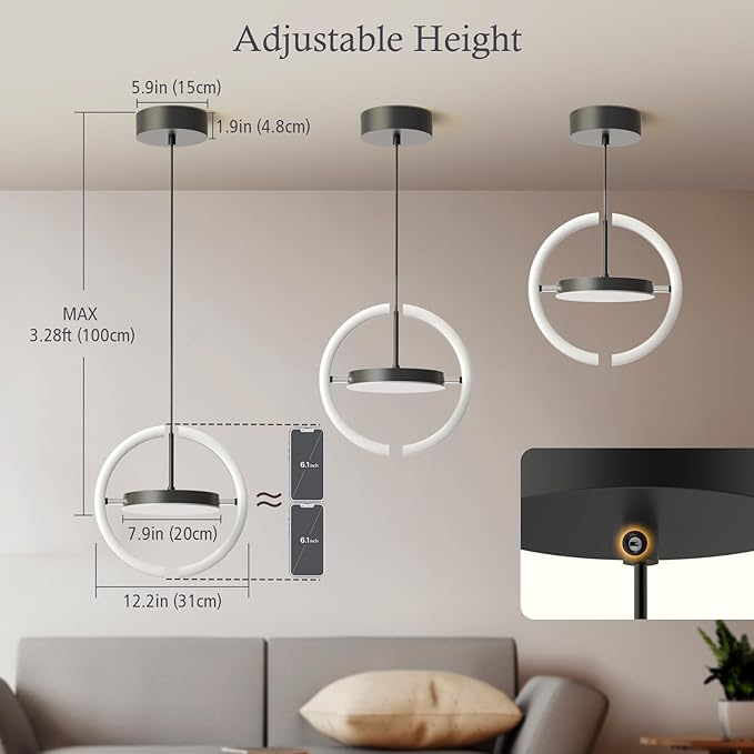 FIMEI LED Saturn Pendant Lights, 3000-6000K Dimmable Adjustable Hanging Chandelier Saturn Ring Design for Dining Room Kitchen Island Entryway Bedroom Foyer Black (Black, 1)