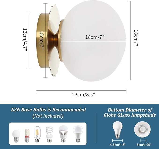 Modern Globe Glass Wall Sconces- Minimalist Home Shop Decor Wall Light 7" Glass Shade Hardwired- 1 Light Mid Century Wall Lamps Indoor Bedroom Bathroom Hallway Vanity Sconce Light (Gold-White)