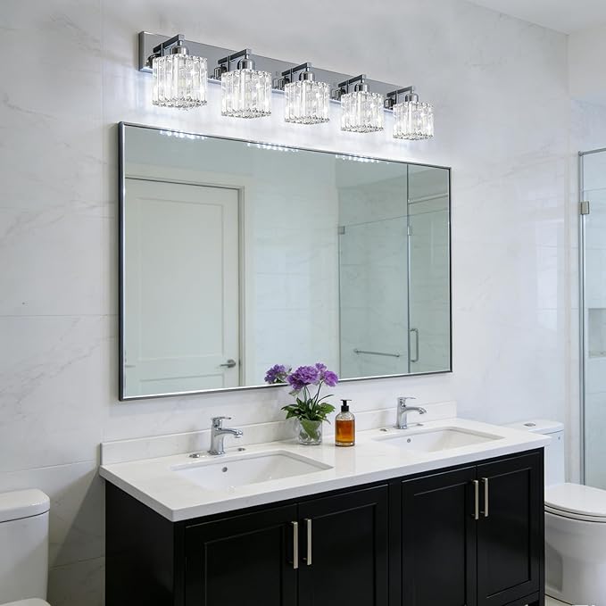 Brushed Chrome Crystal Bathroom Vanity Light, 5-Light Modern Bathroom Lighting Fixtures Over Mirror,Chrome Wall Sconce Light Fixtures with Square Shade