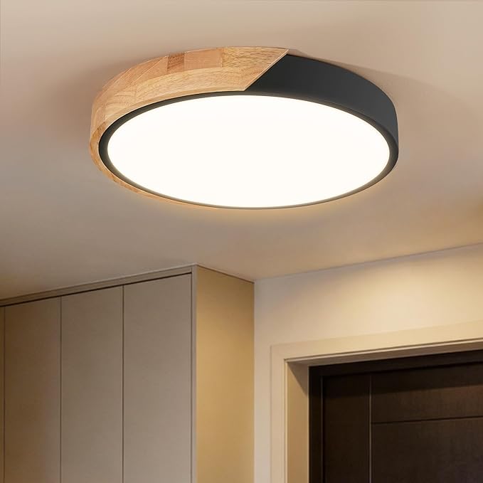 Modern LED Ceiling Light for Bedroom: Minimalist Wood Flush Mount Ceiling Light Fixture with Acrylic Lampshade - 3000K Not Dimmable Overhead Ceiling Lamps for kitchen hallway living room (11.8" Black)