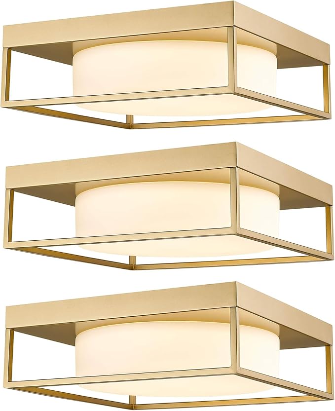 3Pack Modern Flush Mount Ceiling Light Gold, 12 Inch LED Bedroom Ceiling Light Fixture 24W 950 Lumen, Dimmable 3000K, Square Ceiling Lamp for Bathroom Hallway Kitchen