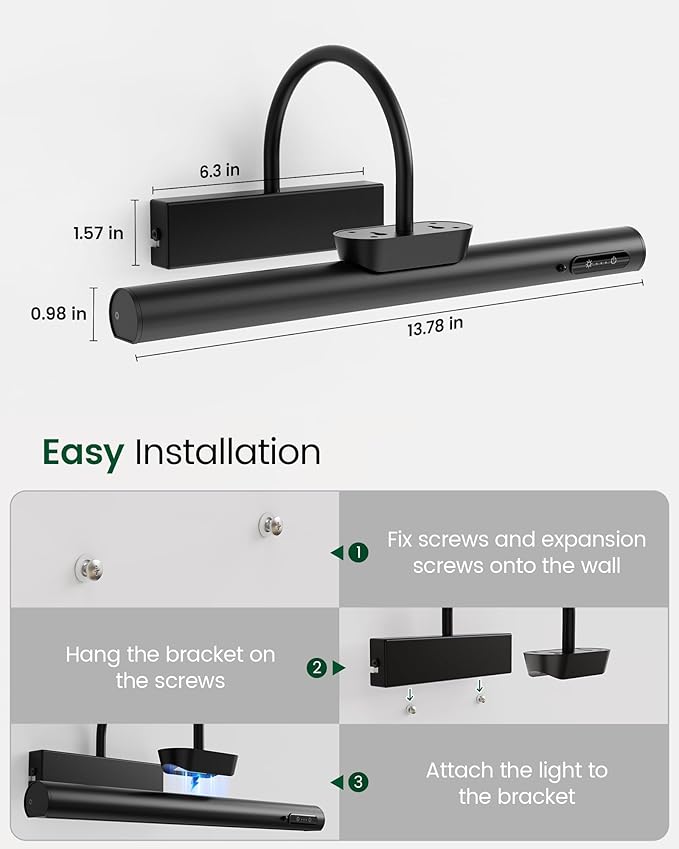 Bridika Picture Light Battery Operated, 13.8in Picture Lights for Wall, 3 Colors & Brightness Dimmable, Rechargeable Art Light for Paintings Photo Dartboard Gallery Bedroom Bathroom Black