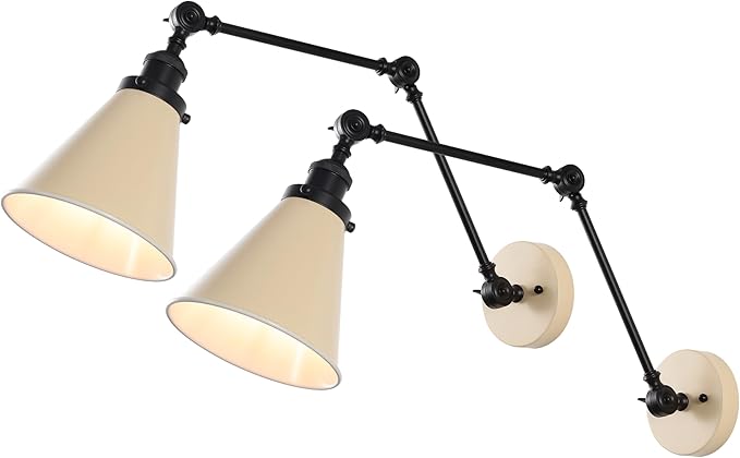 JONATHAN Y 7" Almond/Black Classic Industrial Metal Adjustable Arm LED Wall Sconce for Bedside Reading, Farmhouse Swing Arm Wall Lamp with Metal Shade, Hardwired (JYL7462F-SET2)