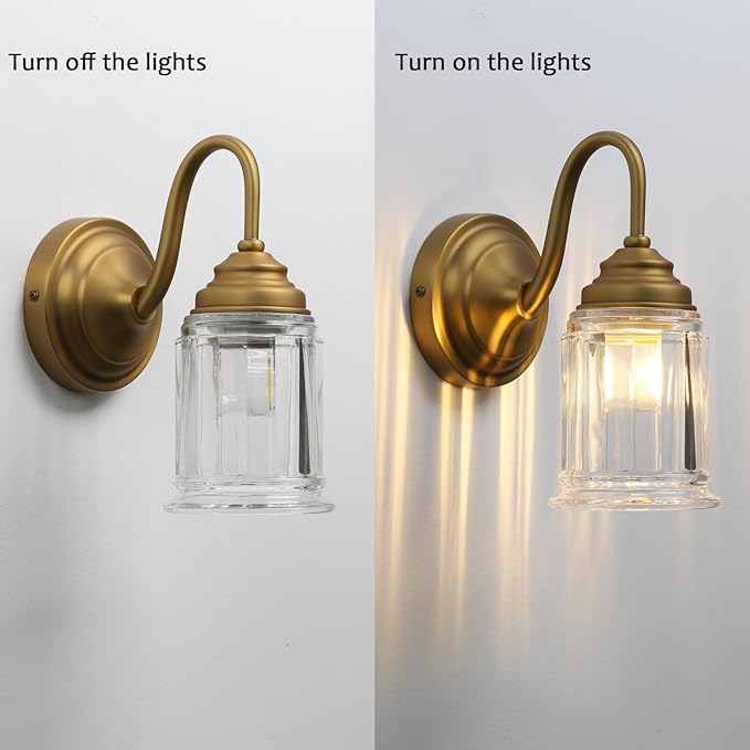 PERMO Vintage Wall Sconce with Clear Bell-Shaped Glass Shade Antique Gold Bathroom Sconce Wall Mount Light for livingroom Bedroom,Hardwired,E26 Base