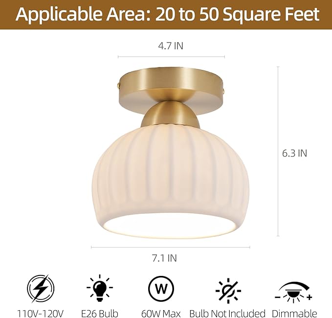 2 Pack Ceramic Brass Semi Flush Mount Ceiling Light Vintage Hallway Light Fixtures, Modern Small Ceiling Mount Light Lamp for Hall Kitchen Entryway Passway Porch Foyer