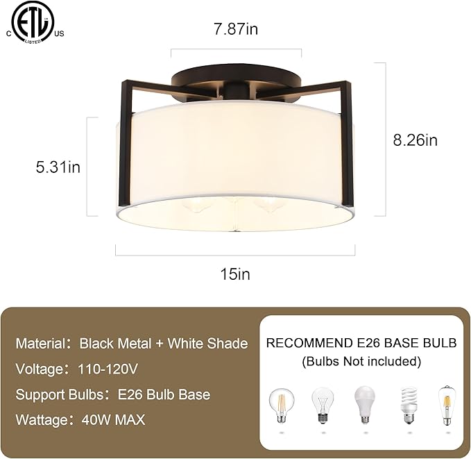 15" Semi Flush Mount Ceiling Light, 3-Light Modern Kitchen Hallway Light Fixtures with Drum White Shade, Metal Close to Ceiling Lights for Entryway Living Room Bedroom Dining Room Foyer, Black