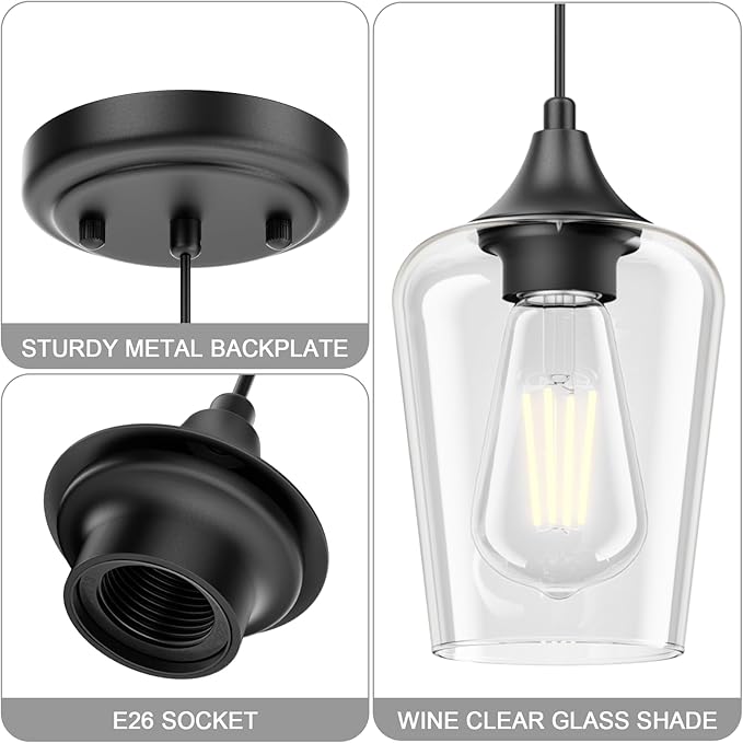 Ralbay Matte Black Industrial Pendant Light 3-Pack, Pendant Light Fixtures with Wine Clear Glass Shade, Adjustable Height for Kitchen Island, Farmhouse Dining Room Hanging Lighting Fixture