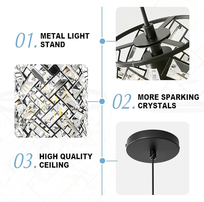 Black Pendant Lights Kitchen Island, Mini Crystal Modern Kitchen Pendant Lighting Over Sink with 10.2" Clear Glass Shade Chandeliers, Adjustable Pendant Light Fixture for Dinning Room Bedroom Entryway
