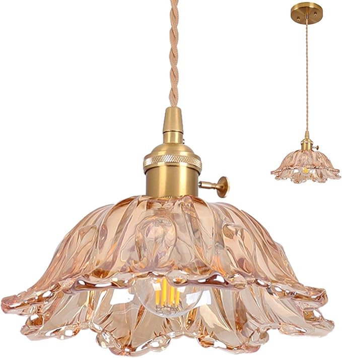 Glass Pendant Light Vintage Light Fixtures,Amber Pendant Lights Kitchen Island,10.6" Glass Pendant Lights Kitchen Island, Modern Pendant Lighting Fixtures for Bedroom Hotel Dining Room