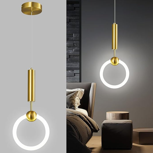 Modern LED Pendant Light Fixtures, Simplicity Gold Pendant Lighting,Circular Hanging Chandelier for Kitchen Island Dining Room Bedroom Entryway Hallway(Gold-2-Pack)
