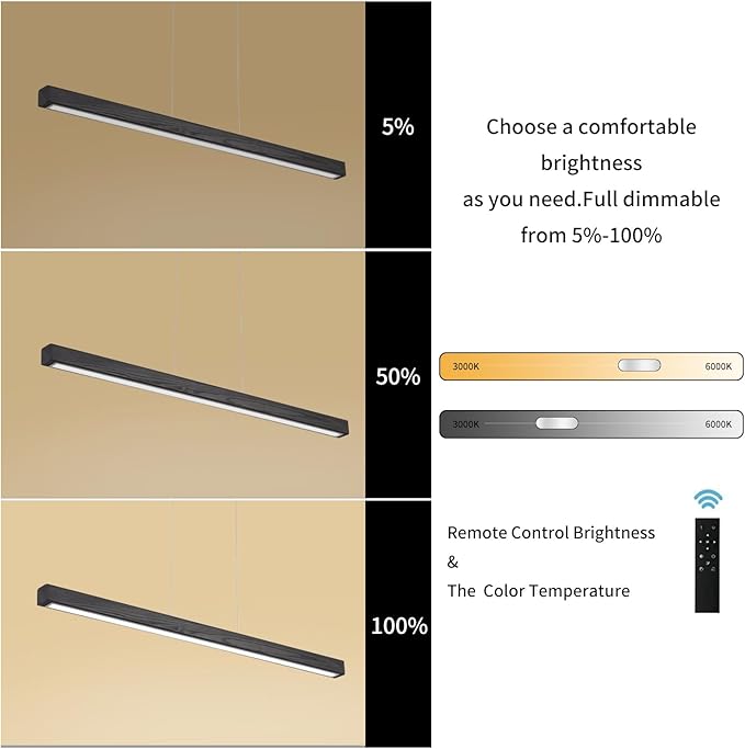 YISDESIGN 39" Black Linear Pendant Light Wooden Led Modern Linear Chandelier Ceiling Hanging Dimmable Pendant Lights for Dining Room Kitchen Island Pool Table Lights Black Wood Finish