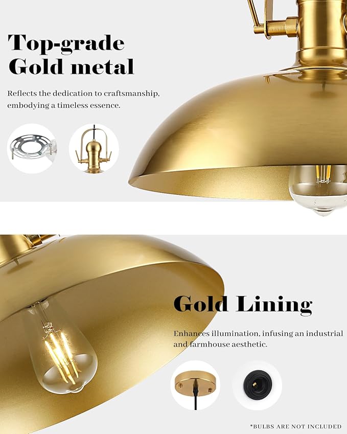 Gold Pendant Lights Kitchen Island 2 Packs, Gold Dome Pendant Light 13.8 Inch, Industrial Farmhouse Pendant Light, Island Pendant Lights for Kitchen Barn Hallway Porch Dining Room