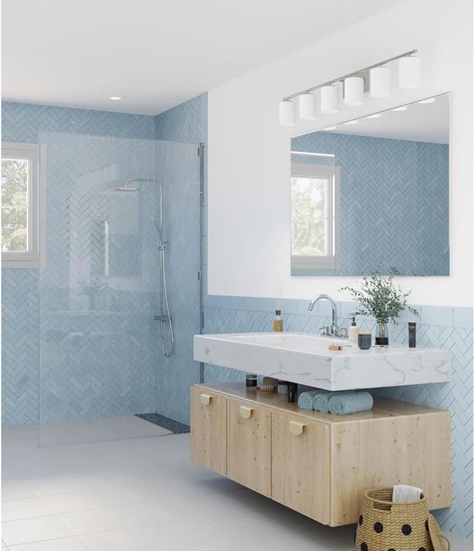 Progress Lighting Replay Collection 6 Light Bathroom Vanity Light, Modern Bath Lighting Fixture with Etched White Glass Shades for Over the Mirror, Reversible Mounting, Polished Nickel