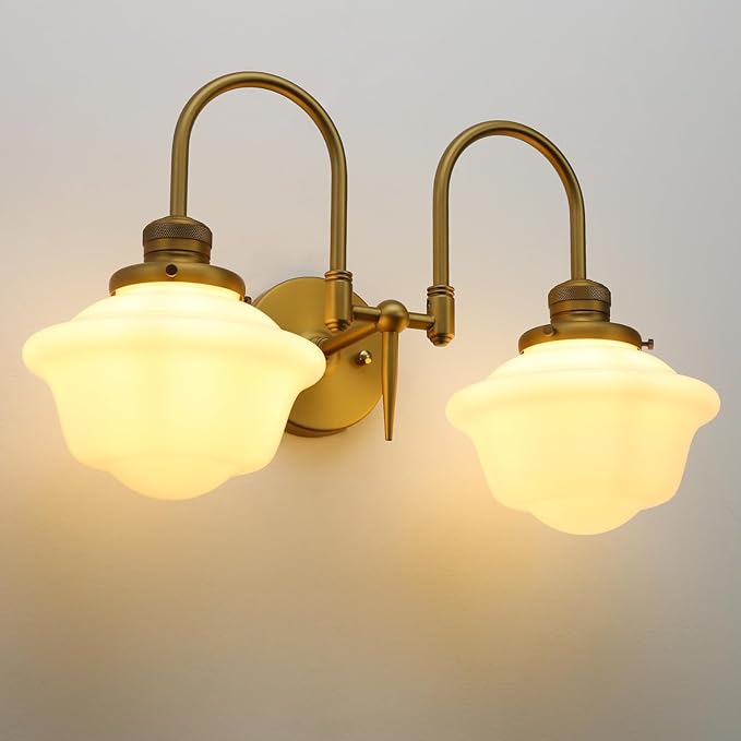 Pathson Vintage Milk White Wall Sconces, 2-Lights Hardwired Glass Bathroom Vanity Light Double Metal Curved Arms, Wall Painting Sconce Lamps Decor for Mirror, Living Room, Loft, Stairwell, Foyer