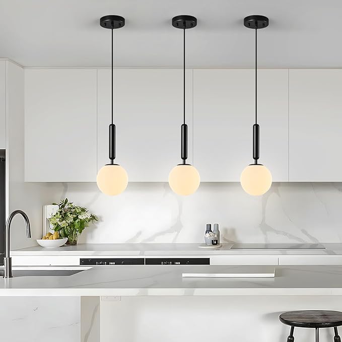Modern Hanging Light Fixture Pendant Lighting for Kitchen Island Mid Century Black Pendant Lights with Globe Milky White Glass Pendant Light for Bedroom Bathroom Entryway (2 Pack)