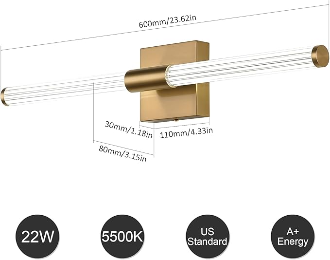 Modern LED Vanity Light, 360° Full Lighting Bathroom Light Fixture Over Mirror, 22W 5500K Cool White, Hardwired Wall Sconce, 23.6 Inch, Brass