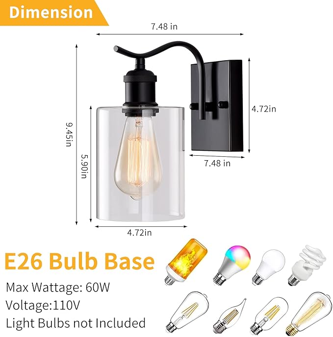 HOXIYA Bathroom Wall Sconce Industrial Wall Lamp Farmhouse Light Fixture, Matte Black Rustic Vanity Light, Dimmable Bedside Wall Lamp