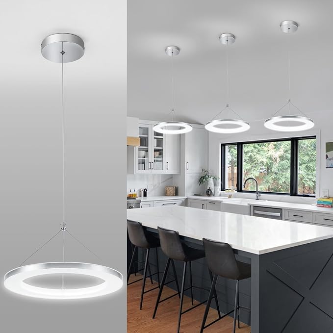 CHYING LED Pendant Lights Kitchen Island, 11.8" 15W Cool White Modern Ring Chandelier, Adjustable Height Silver Hanging Pendant Ceiling Light for Dining Room Bedroom Hallway Entryway, 6500K