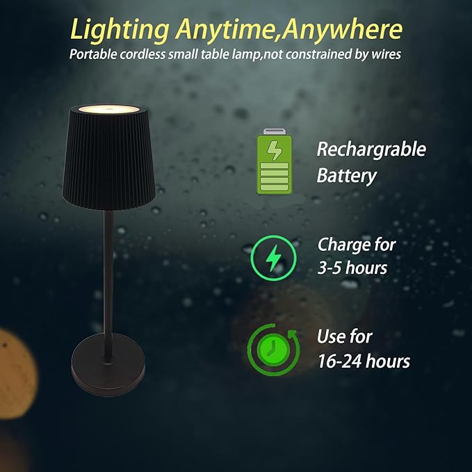 Outdoor Battery Operated Table Lamp Waterproof, Touch Dimmable Desk Lamp, Dimming Up, LED Night Light for Camping Restaurant Home, H10.8in, 5000mAh (Black)