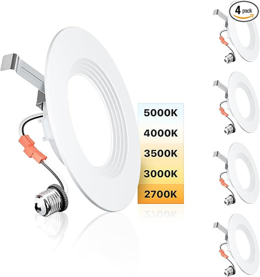 Ensenior 5/6 Inch 5CCT LED Can Lights 4 Pack, Retrofit Led Recessed Lighting, Baffle Trim, Dimmable, 9W=110W, 1000LM, 2700K/3000K/3500K/4000K/5000K Selectable, IC Rated - ETL & FCC