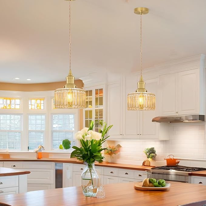 Rustic Pendant Light Set of 2, Brushed Gold Pendant Lights Kitchen Island with Amber Glass Shade, Brass Kitchen Pendant Lighting over Island, Adjustable Hanging Light for Hallway Bathroom Dining Room