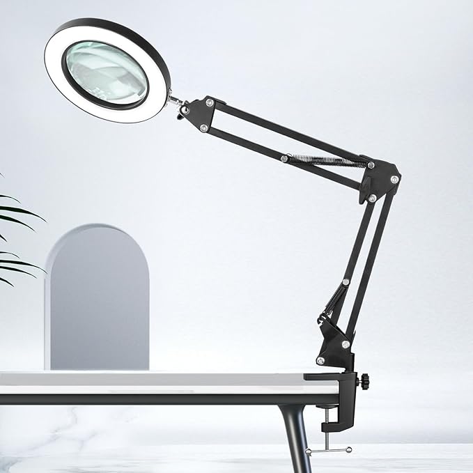HITTI 10X Magnifying Glass with Light and Stand, Stepless Dimming 3 Color Modes LED Magnifier Lighted Glass, Hands Free Desk Lamp with Clamp for Reading Repair Crafts Close Work
