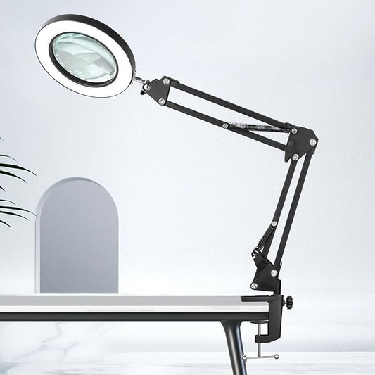 HITTI 10X Magnifying Glass with Light and Stand, Stepless Dimming 3 Color Modes LED Magnifier Lighted Glass, Hands Free Desk Lamp with Clamp for Reading Repair Crafts Close Work