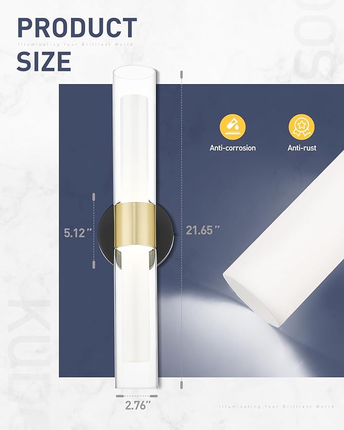 kudos Black and Gold Bathroom Sconces Wall Lighting, Bathroom Vanity Light, Modern Wall Lights with Clear Glass and Frosted Glass for Bathroom Bedroom Hallway, KDVL06-BG-2